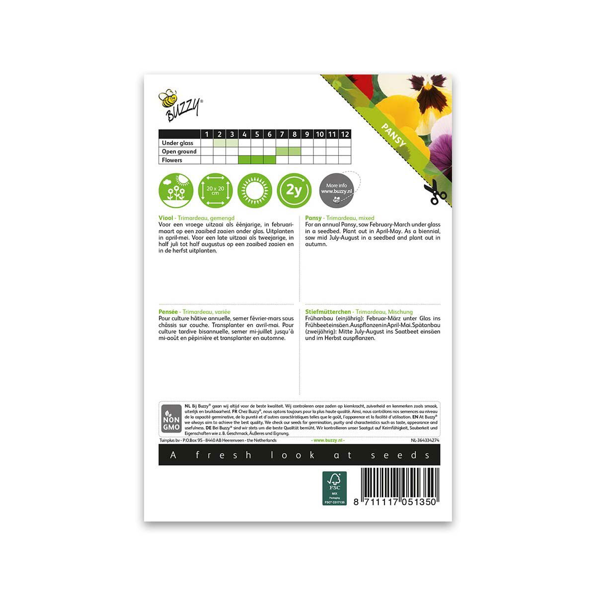 Bagside af Buzzy frøpose til blandede stedmoderblomster