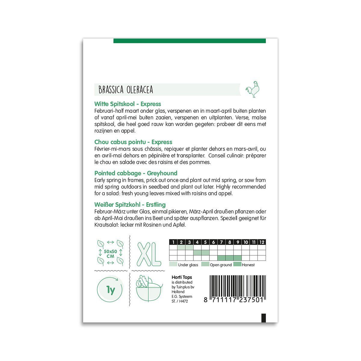 Bagside af frøpose til tidlig spidskål Express