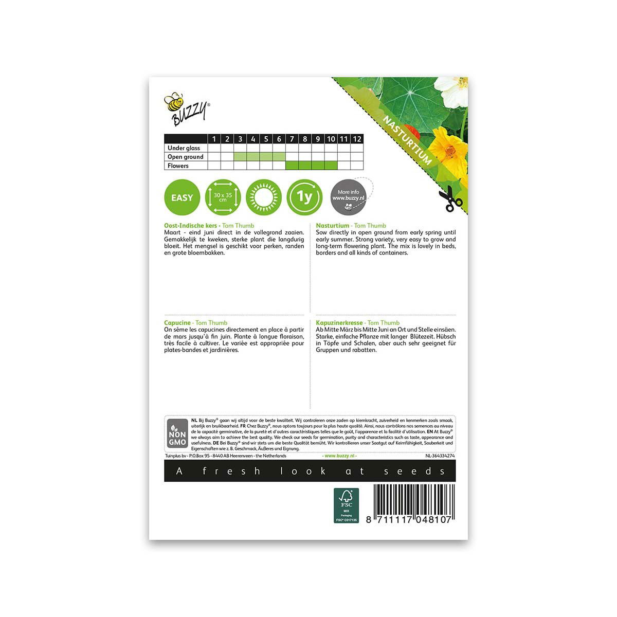 Buzzy Nasturtium Tom Thumb blomsterfrø bagside
