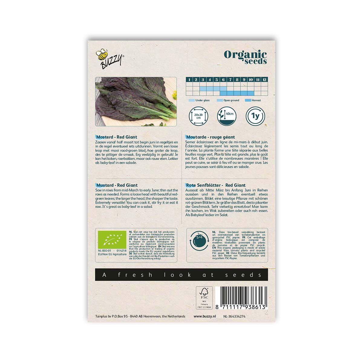 Buzzy økologiske sennepsfrø Red Giant frøpose bagside