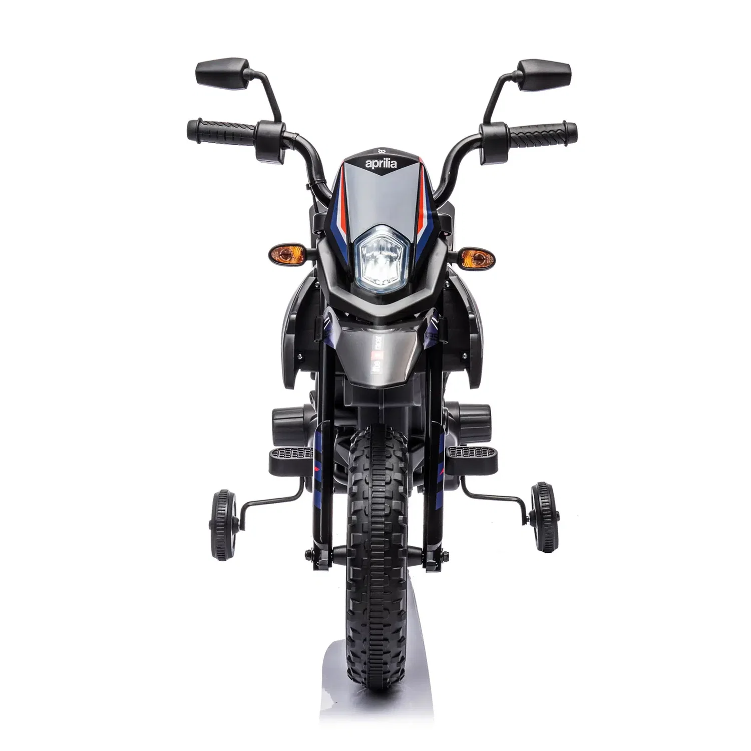 Aprilia el-motorcykel til børn – NORDIC PLAY Speed blå med støttehjul, Bluetooth og musik (3-8 år) Frontfoto af blå Aprilia el-motorcykel til børn fra NORDIC PLAY Speed med støttehjul, forlygte, blink, Bluetooth, musik og 50W motor (topfart ca. 6 km/t) – til børn 3-8 år
