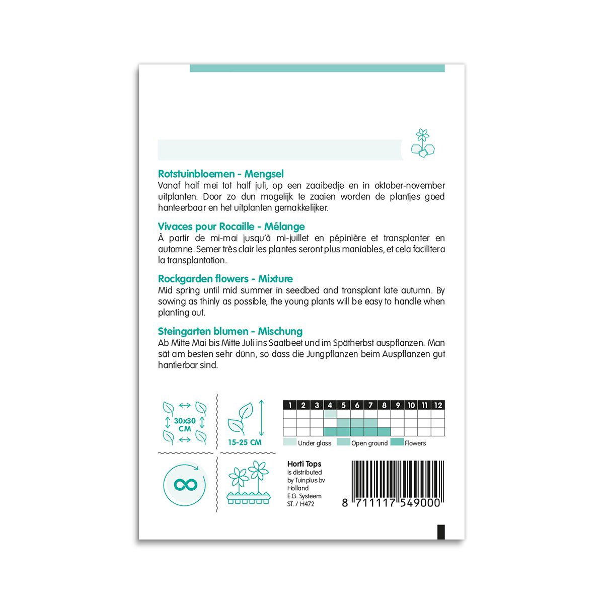 Bagside af pose med stenbedsblomster frøblanding