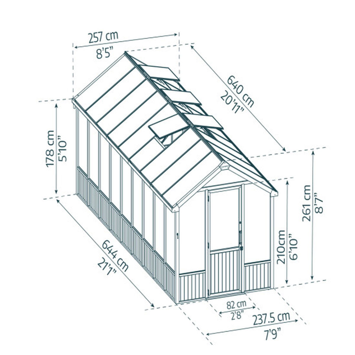 Måltegning af langt drivhus med dør og vinduer
