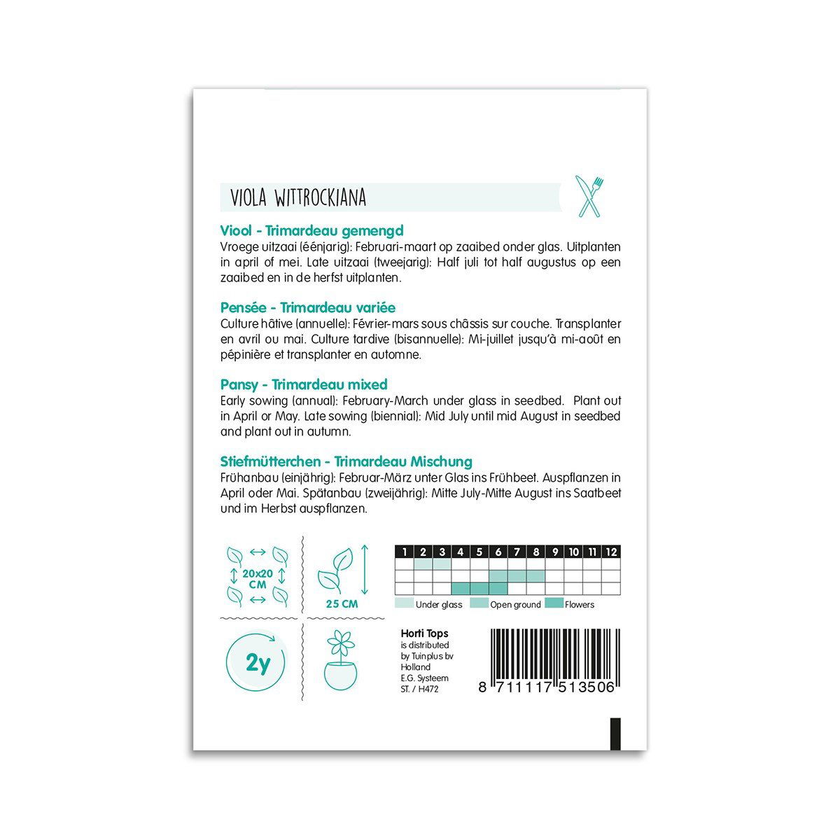 Bagside af pose med Viola witrockiana Trimardeau frø