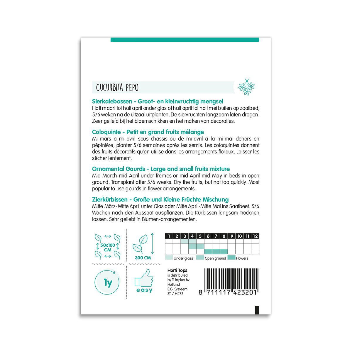 Bagside af pose med frø til pyntegræskar