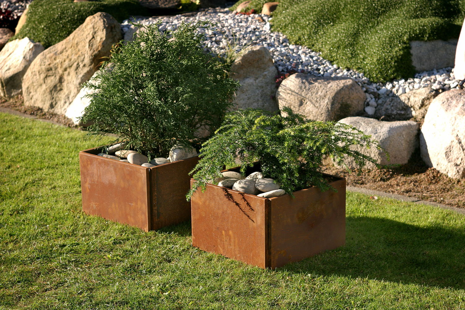 To cortenståls plantekasser med buske og sten i have