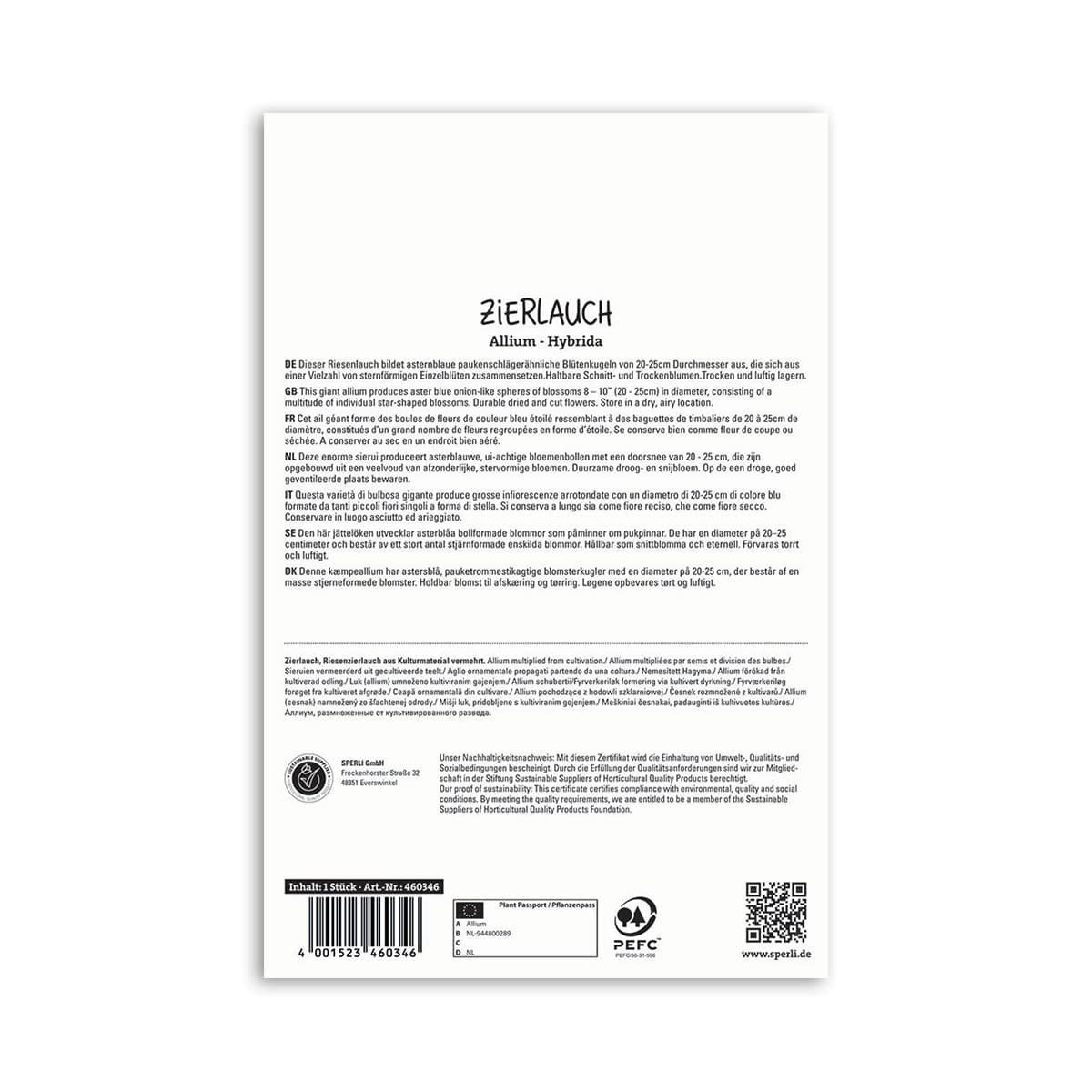 Bagside af Zierløg Allium hybrida frøpose på hvid baggrund