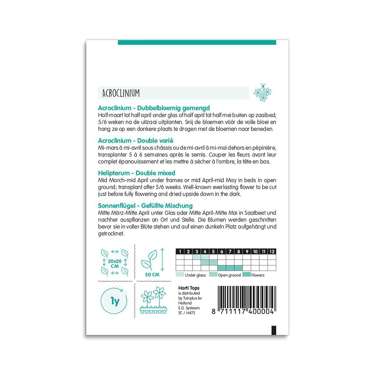 Bagside af Acrolinium frøpose med såvejledning