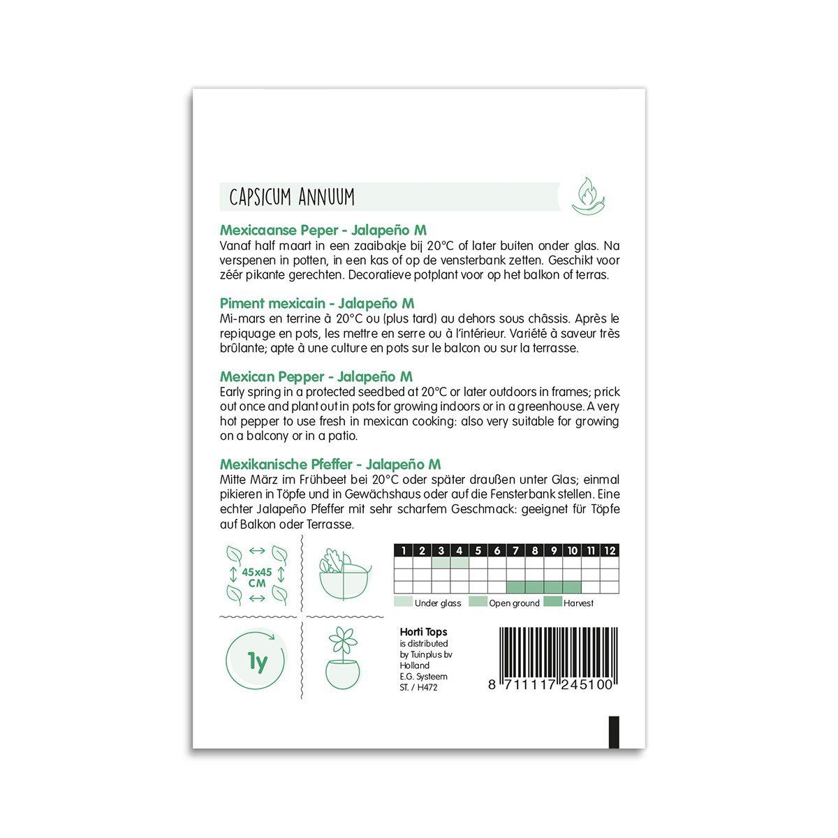 Bagside af Jalapeño M chilifrøpose med dyrkningsvejledning