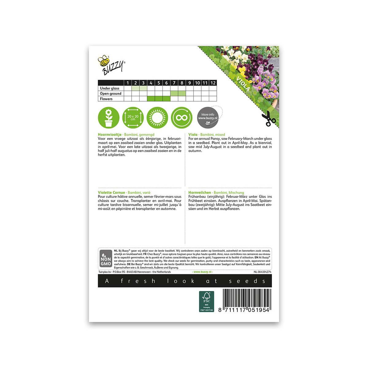 Bagside af Buzzy Viola Bambini blomsterfrø