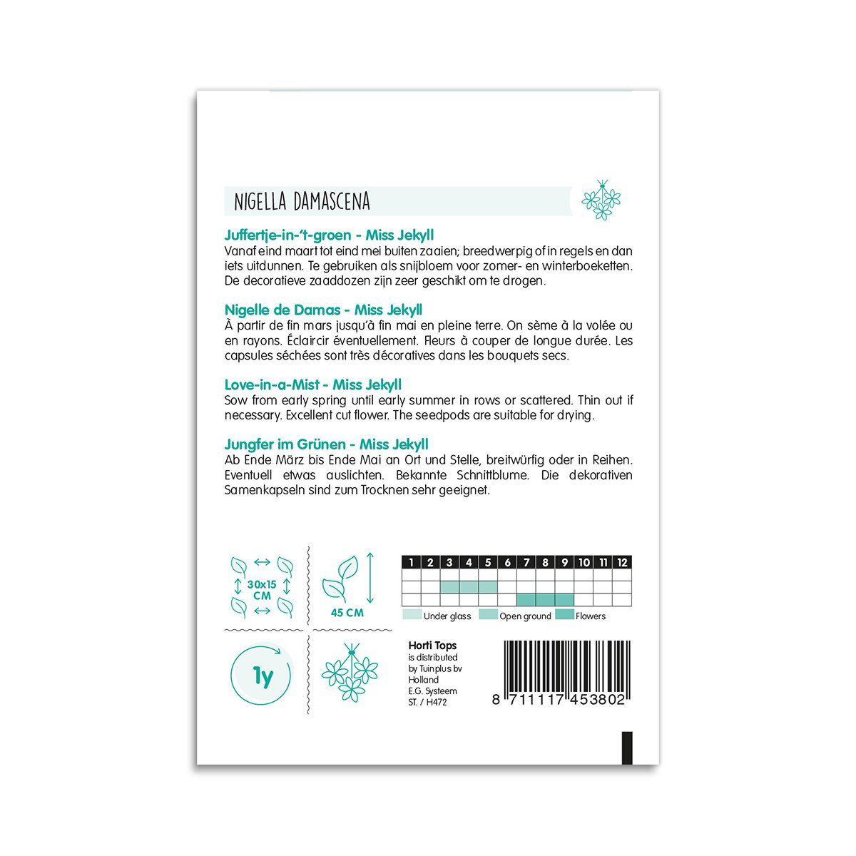 Bagside af frøpose Nigella damascena Miss Jekyll