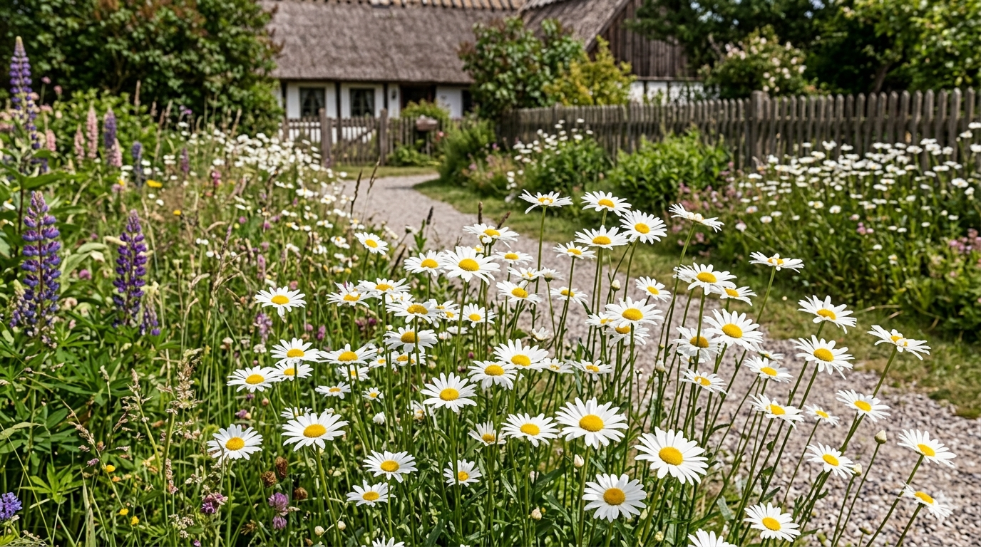 Nærbillede af hvide tusindfryd med gule centre langs en grussti, omgivet af vilde blomster og lupiner foran et stråtækt hus og et træhegn