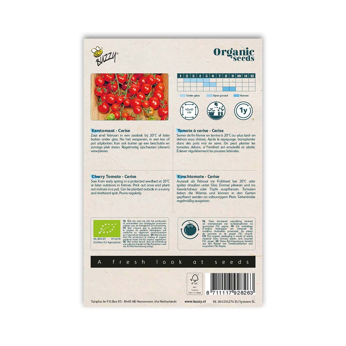 Bagside af pakke med økologiske cherrytomatfrø