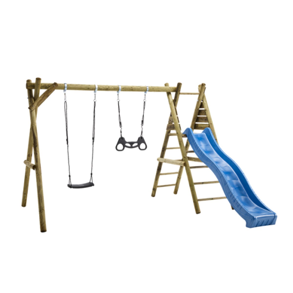 Træ gyngestativ med to gynger og blå rutchebane