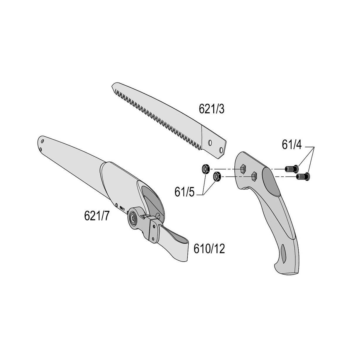 Eksploderet visning af foldesav med klinge og håndtag