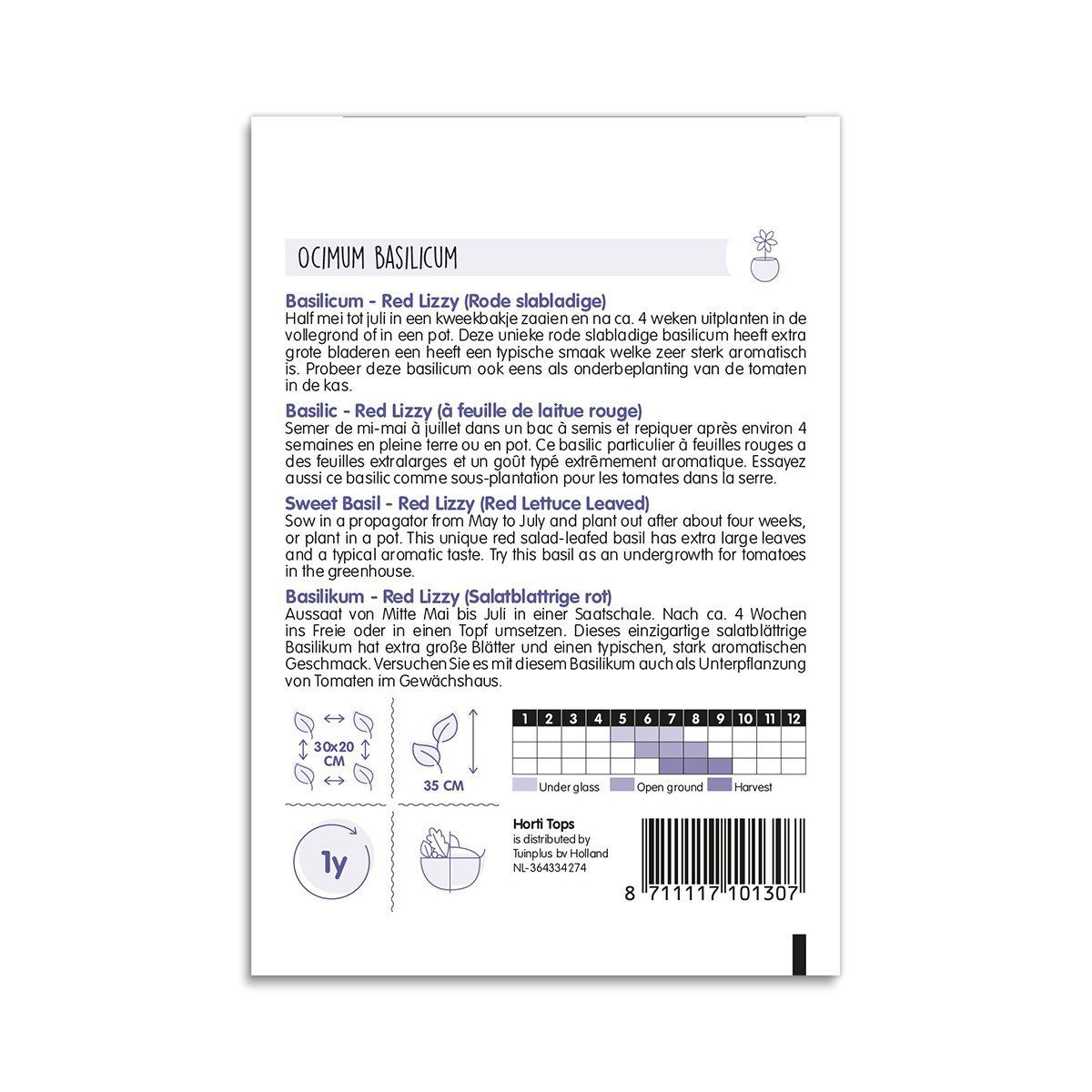 Bagside af frøpose til basilikum Red Lizzy med såvejledning