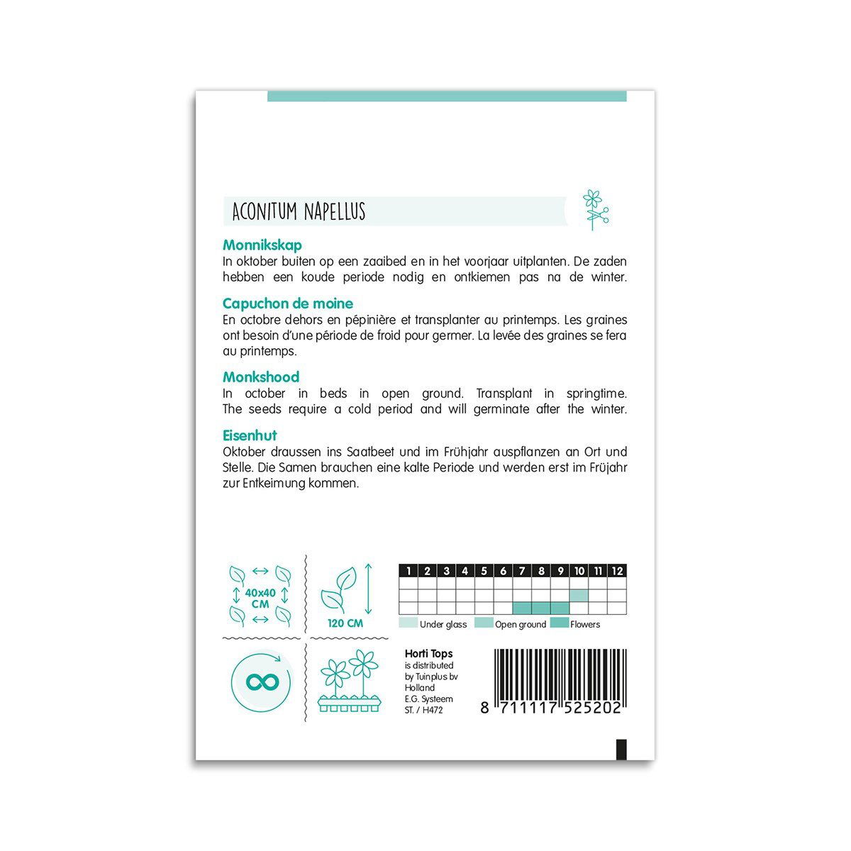 Bagside af pose med Aconitum napellus frø