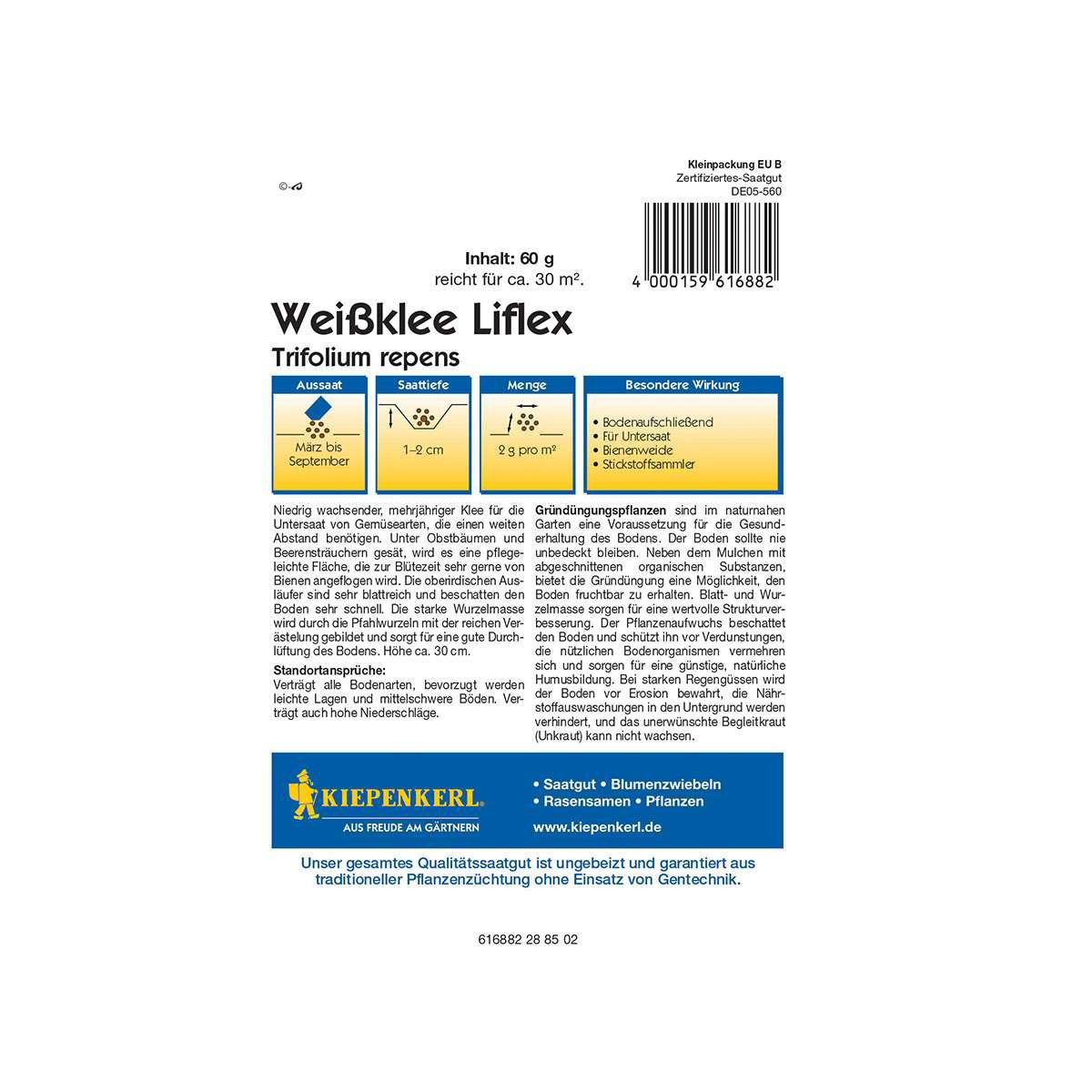 Kiepenkerl hvidkløver Liflex frøpose 60 g til 30 m²
