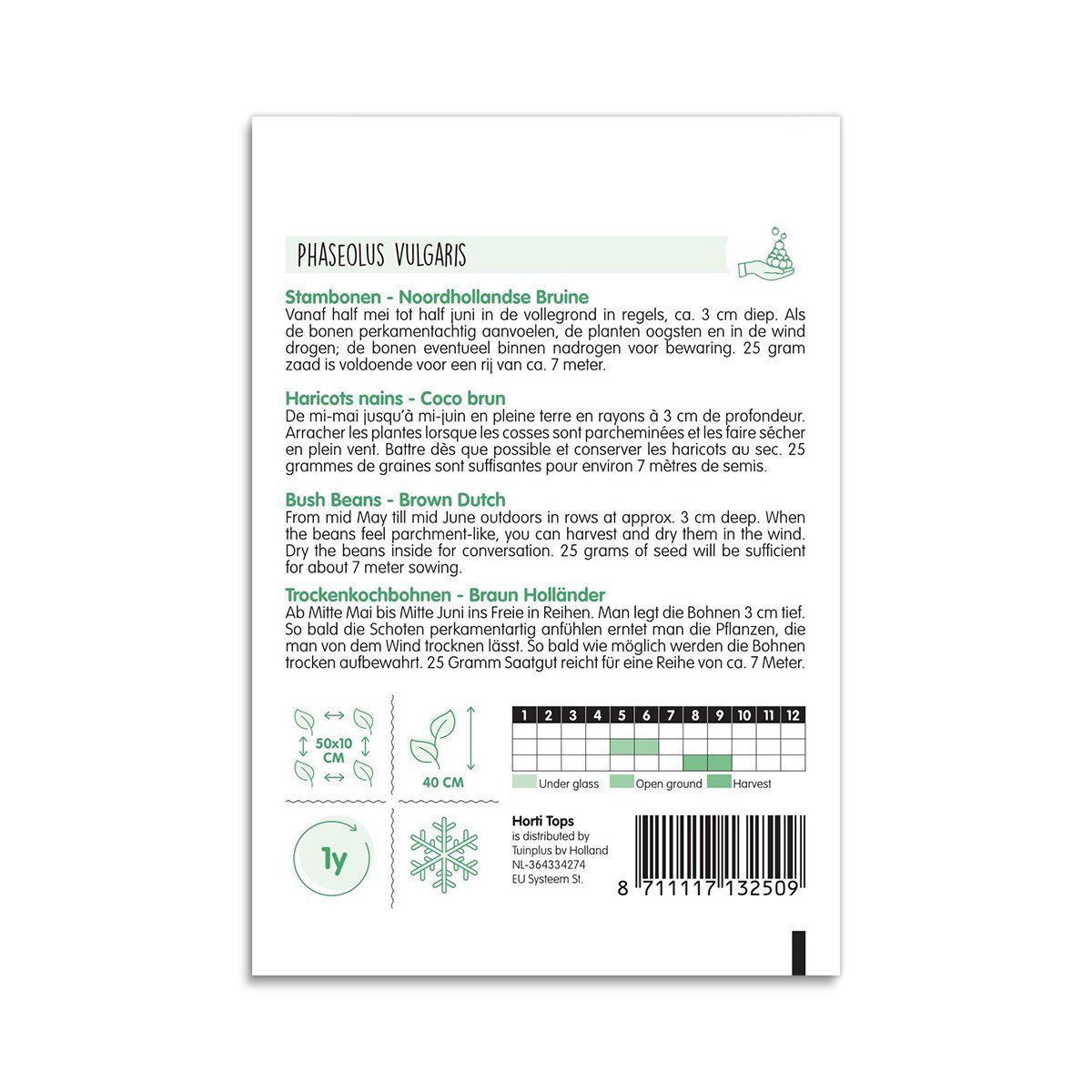 Bagside af pakke med Brown Dutch buskbønnefrø