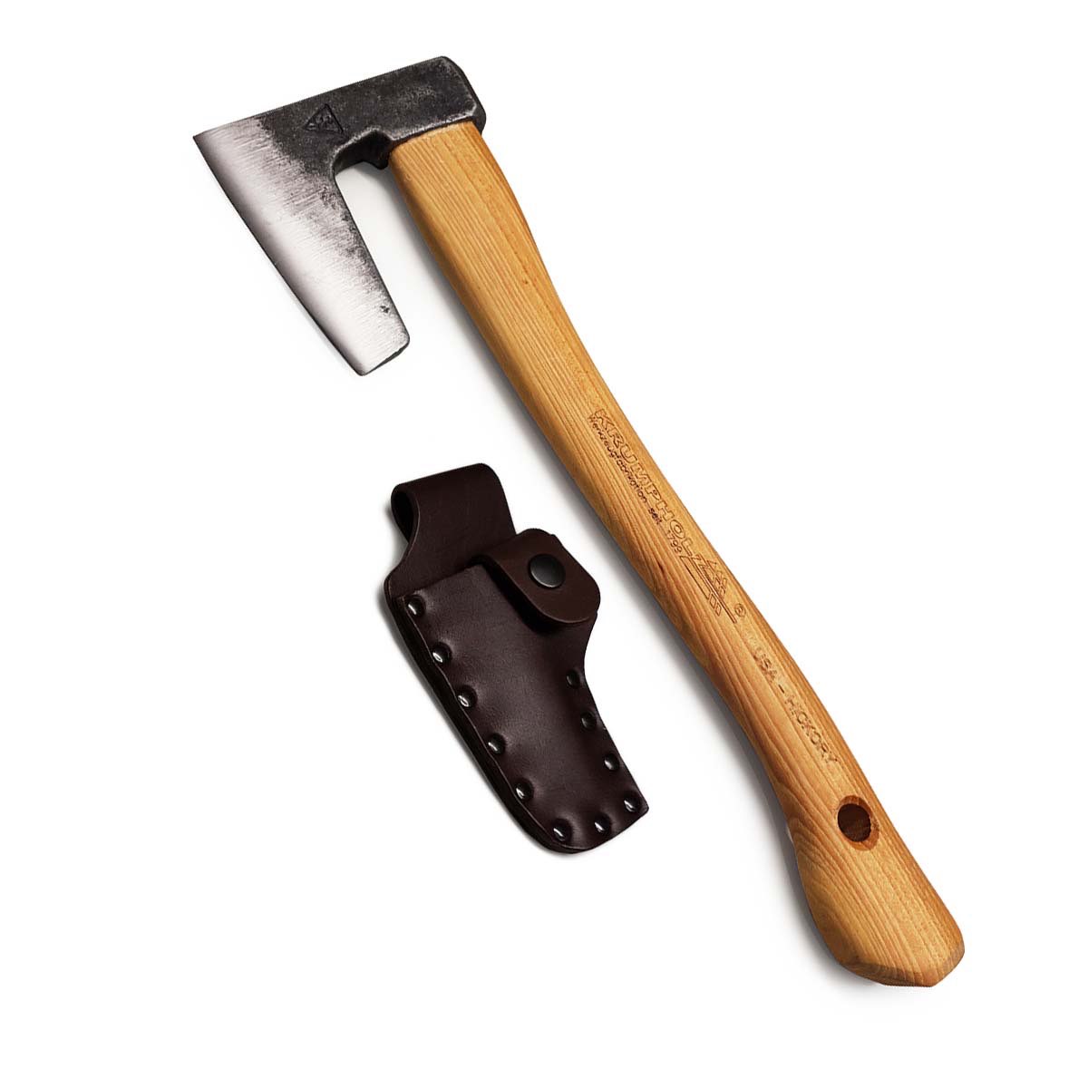 Økse med hickoryskaft, læderbeskytter og bæltestrop - 38 cm