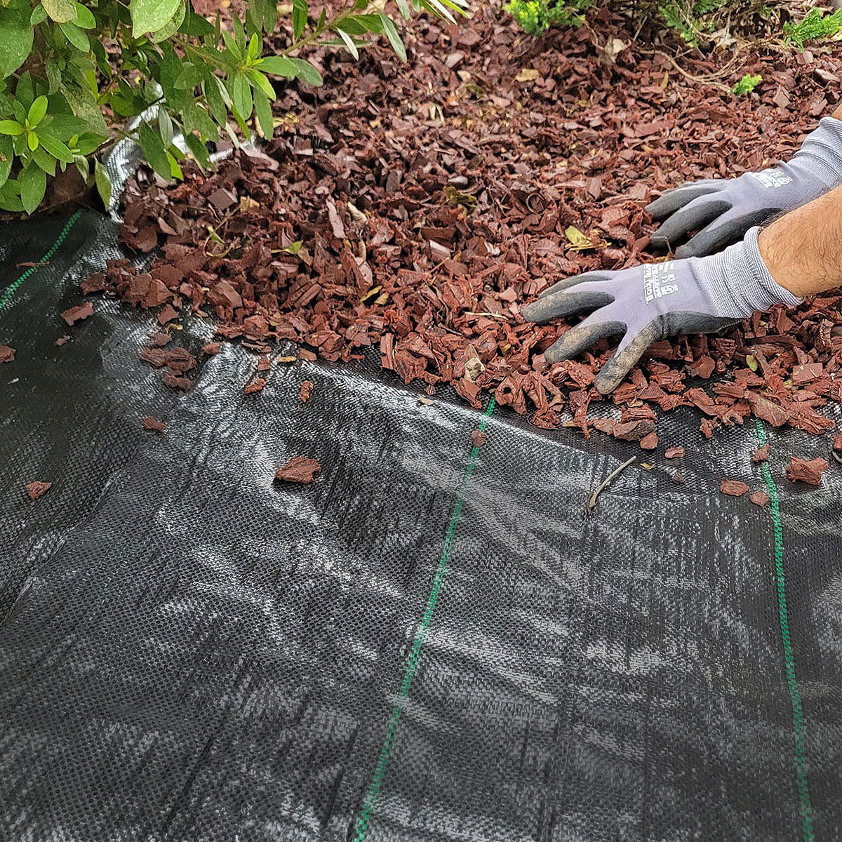 Havearbejde med ukrudtsdug og barkflis omkring buske