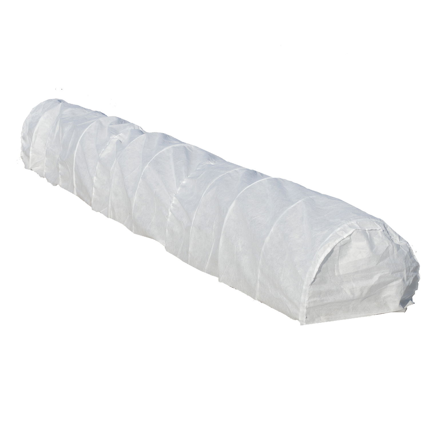 Langt tunnel drivhus med hvid fiberdug