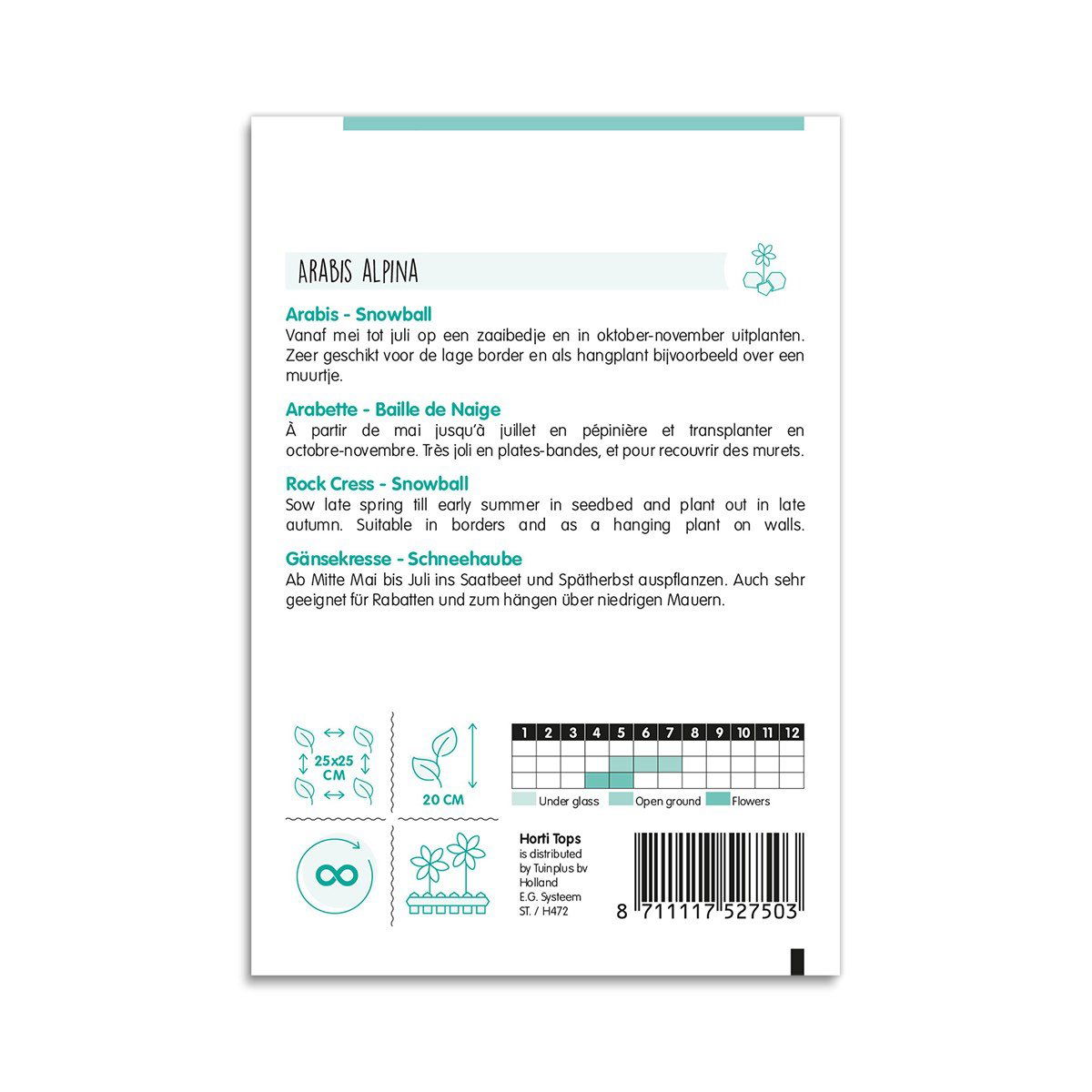 Bagside af frøpose til Arabis alpina Snowball