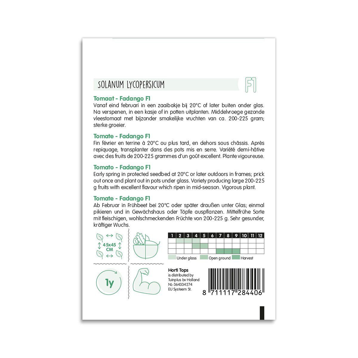 Bagside af frøpose til tomat Fadango F1 med instruktioner