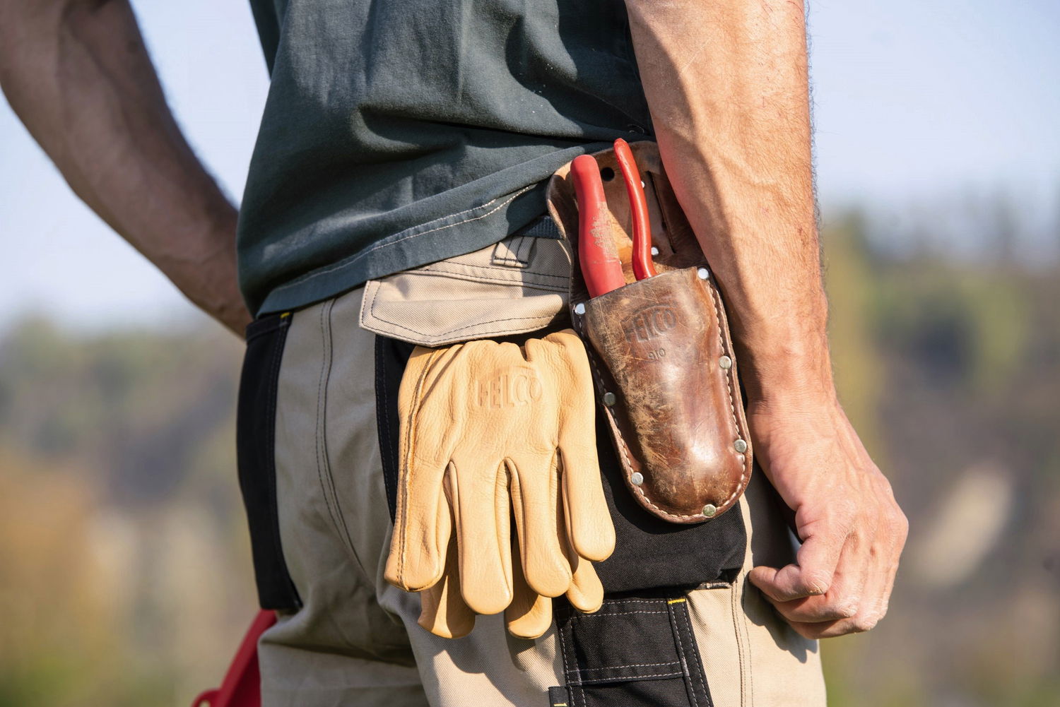 Arbejder med Felco beskæresaks i læderhylster og handsker