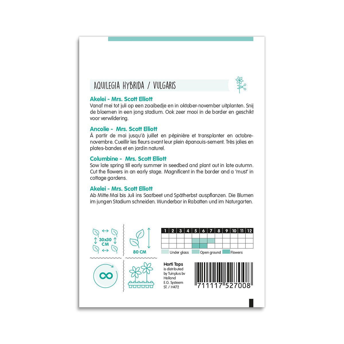 Bagside af frøpose til Akeleje Mrs. Scott Elliott