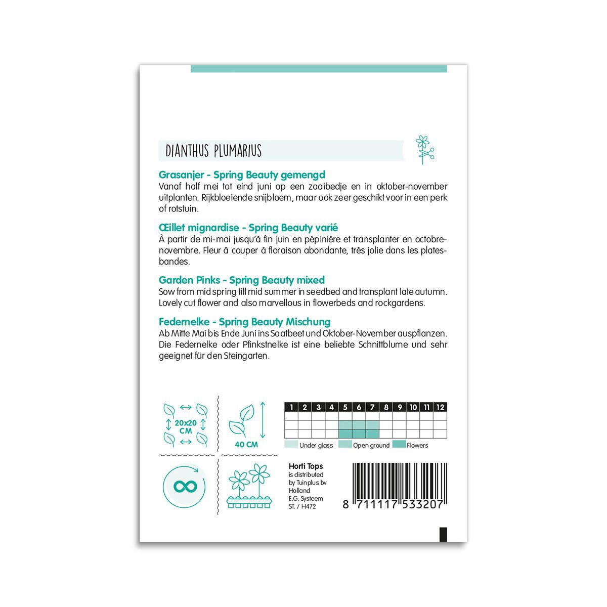 Bagside af Dianthus plumarius Spring Beauty frøpose