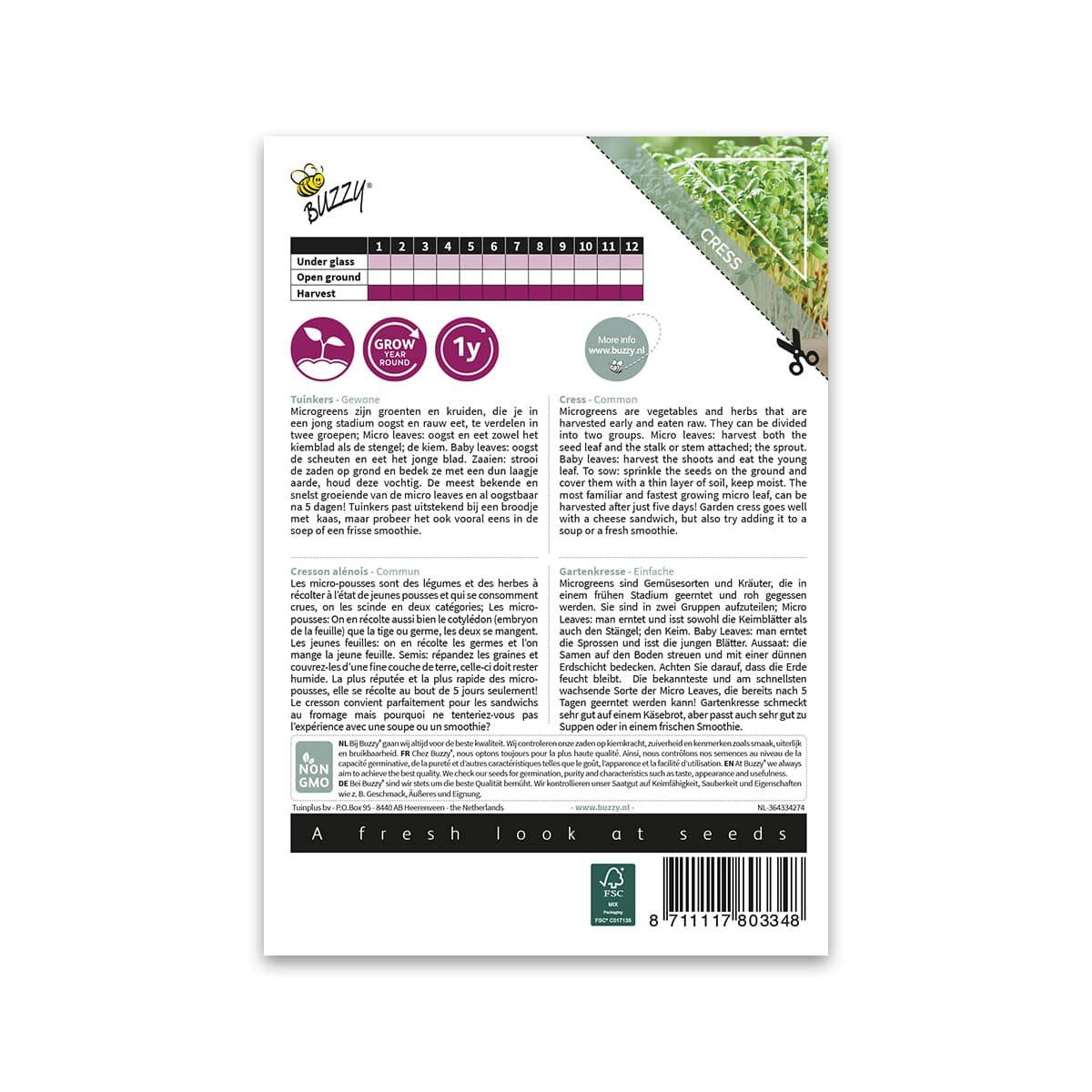 Bagside af Buzzy frøpose til microgreens karse