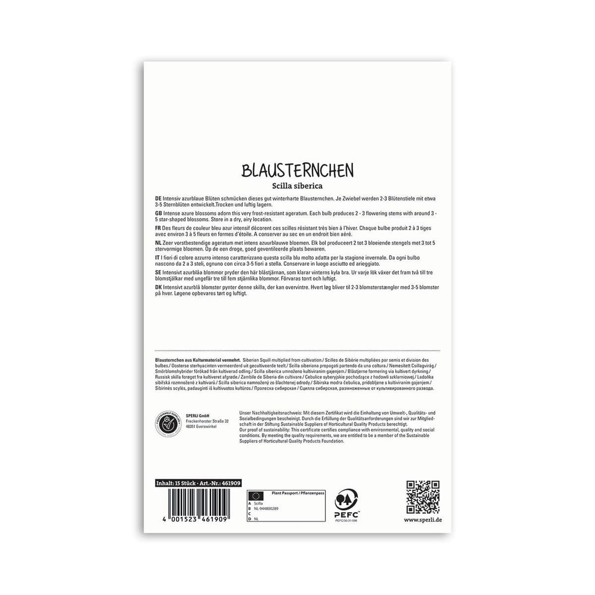 Bagside af Blausternchen Scilla siberica blomsterløgspose