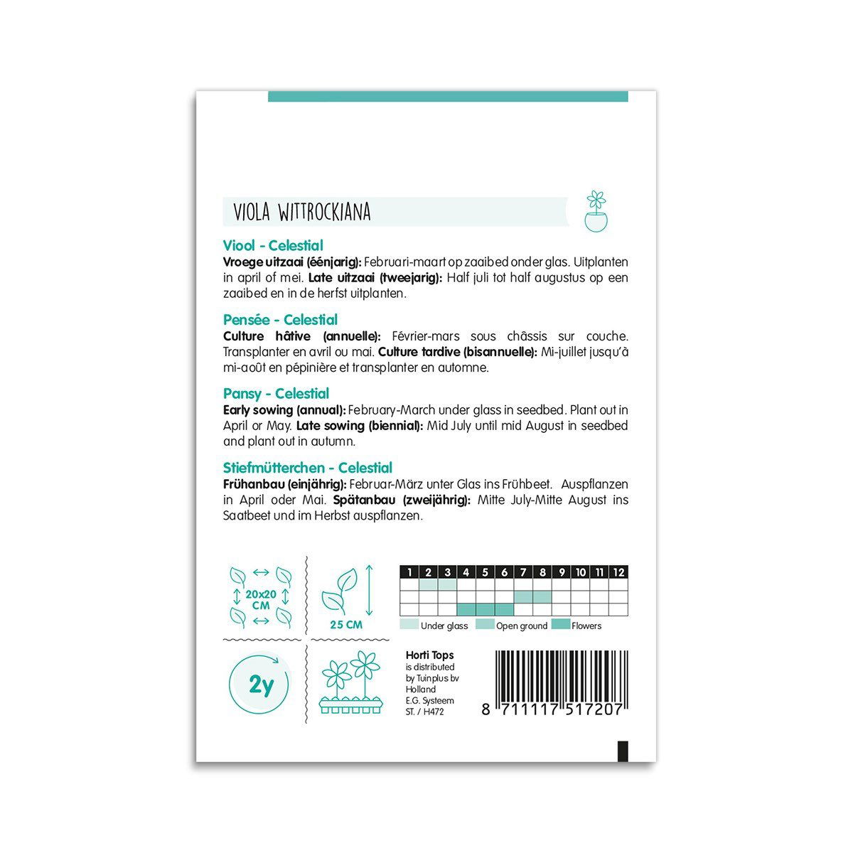 Bagside af frøpose til Viola witrockiana Celestial