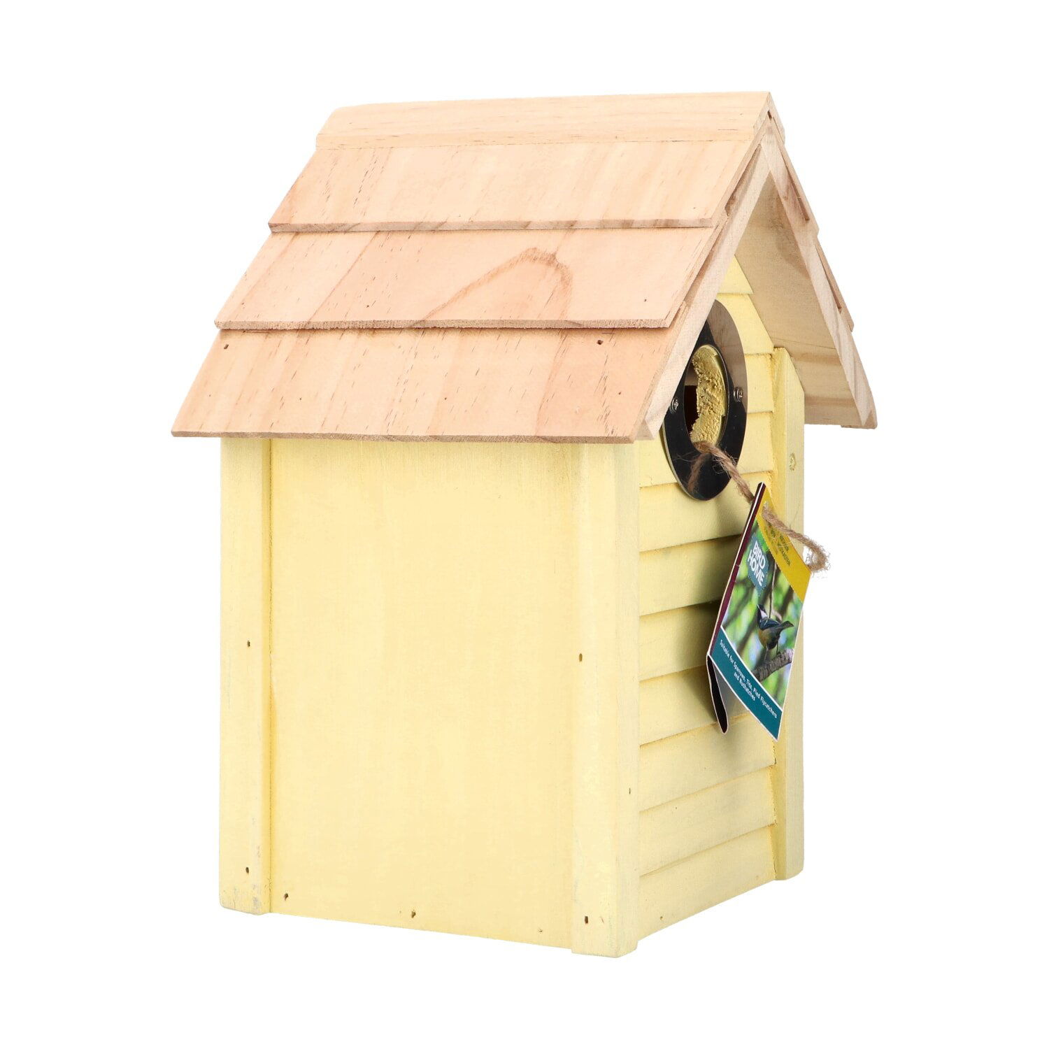 Gult træfuglehus til haven med skråt tag