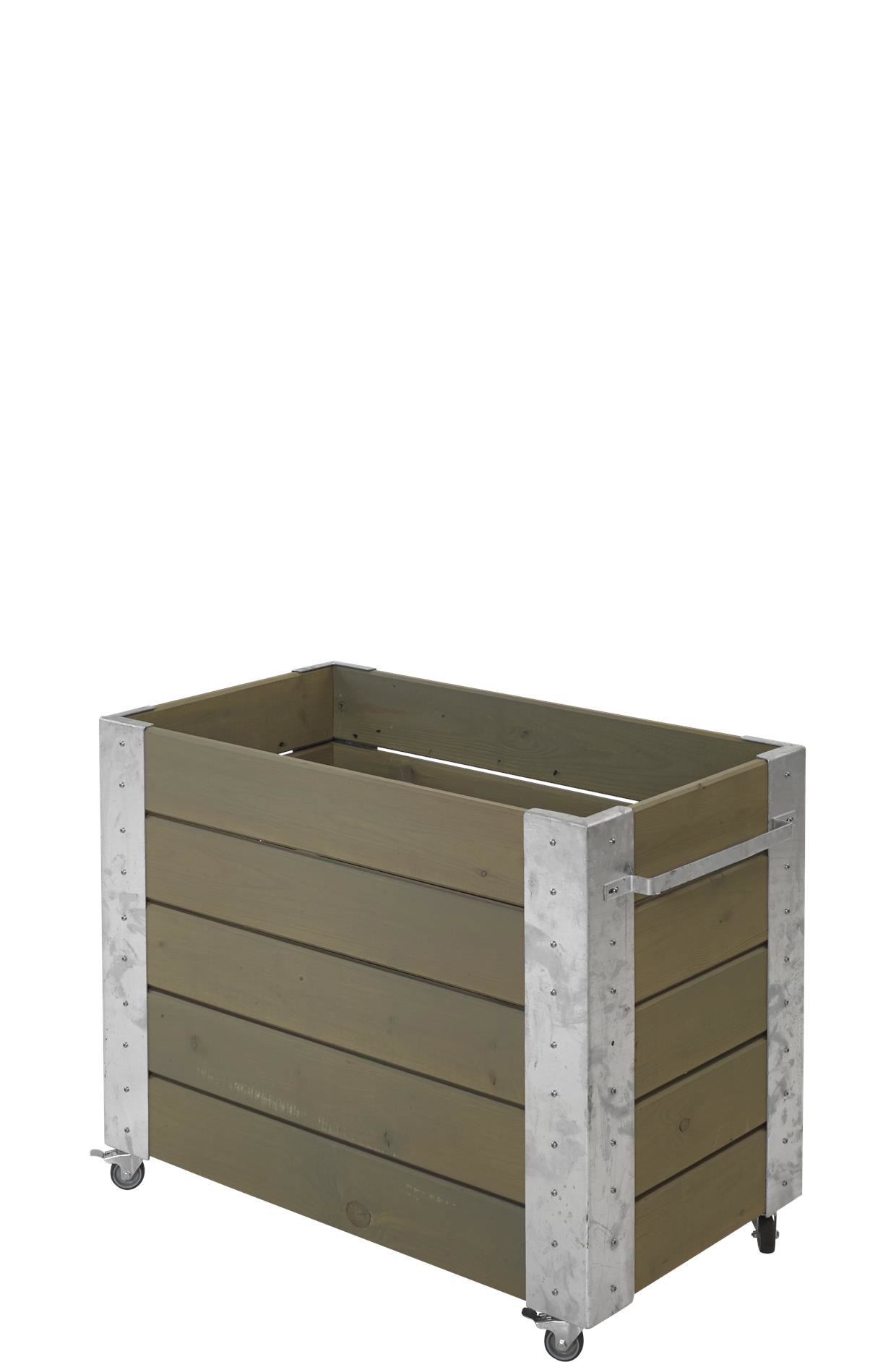 Rektangulær plantekasse på hjul i træ og metal