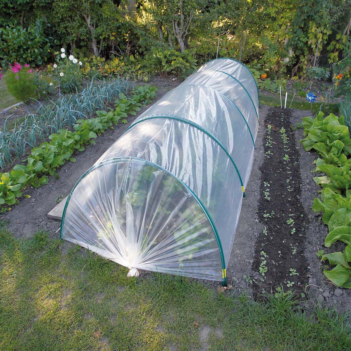 Lille plastik tunneldrivhus i grøn køkkenhave