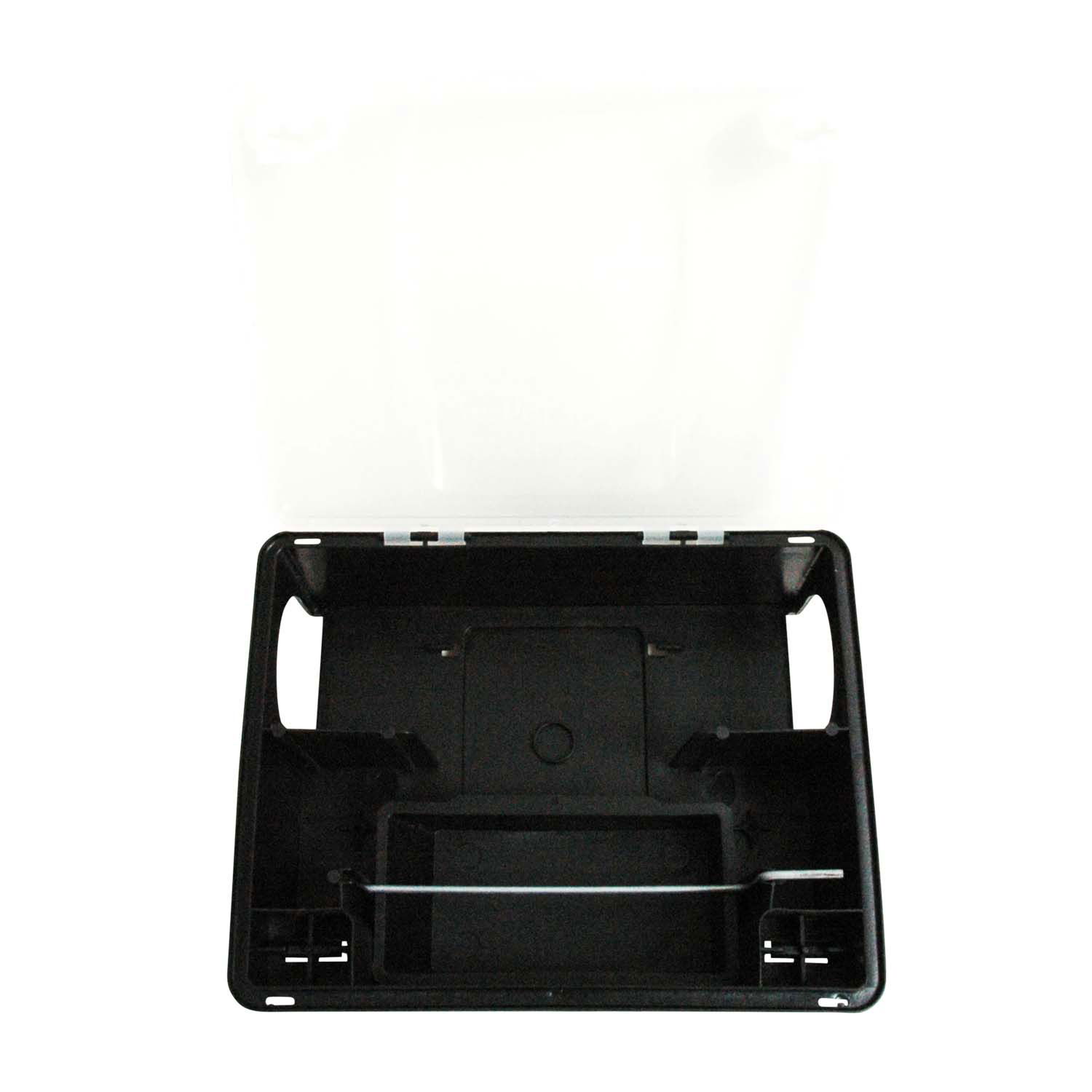 Åben sort opbevaringsboks med gennemsigtigt låg