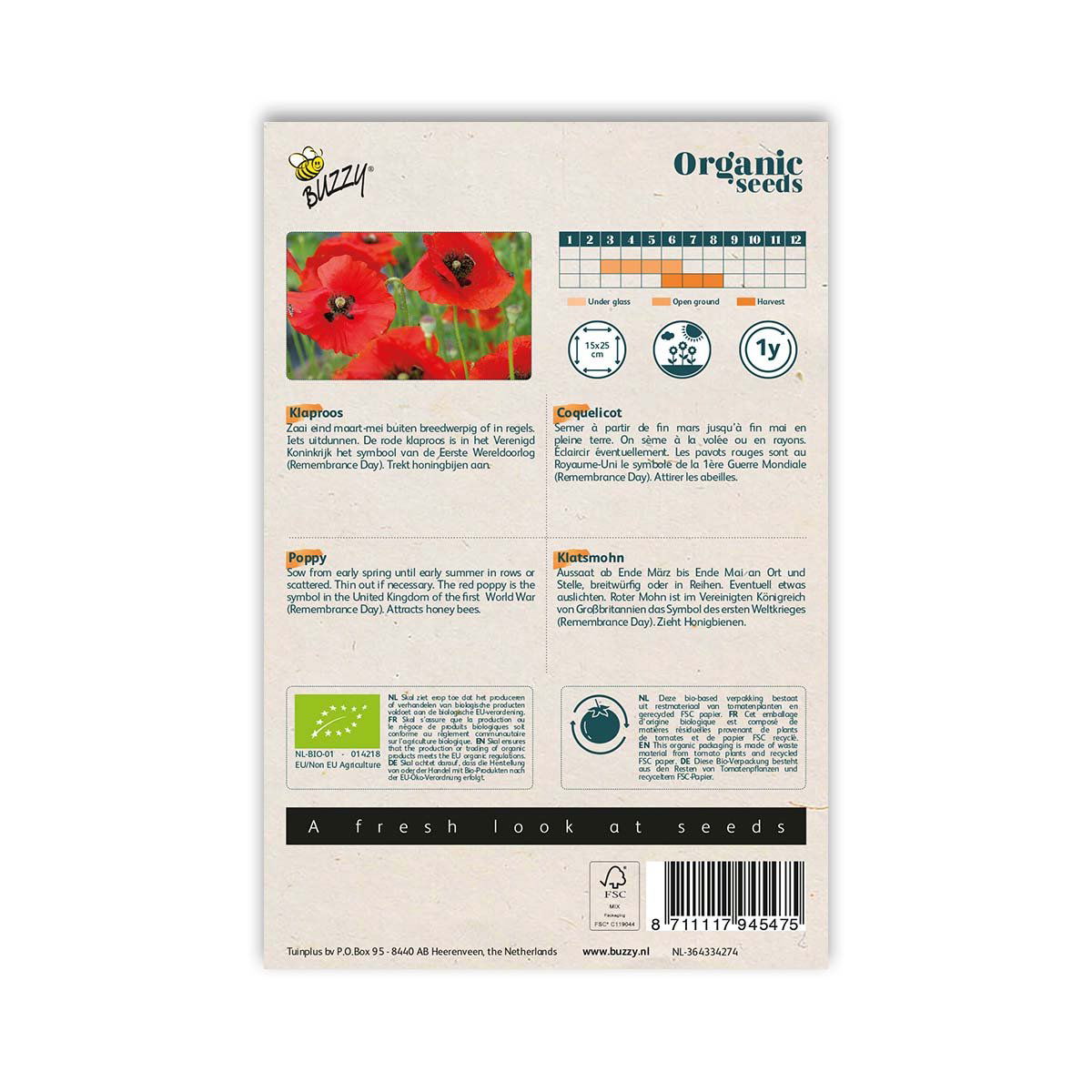 Bagside af pose med økologiske valmuefrø