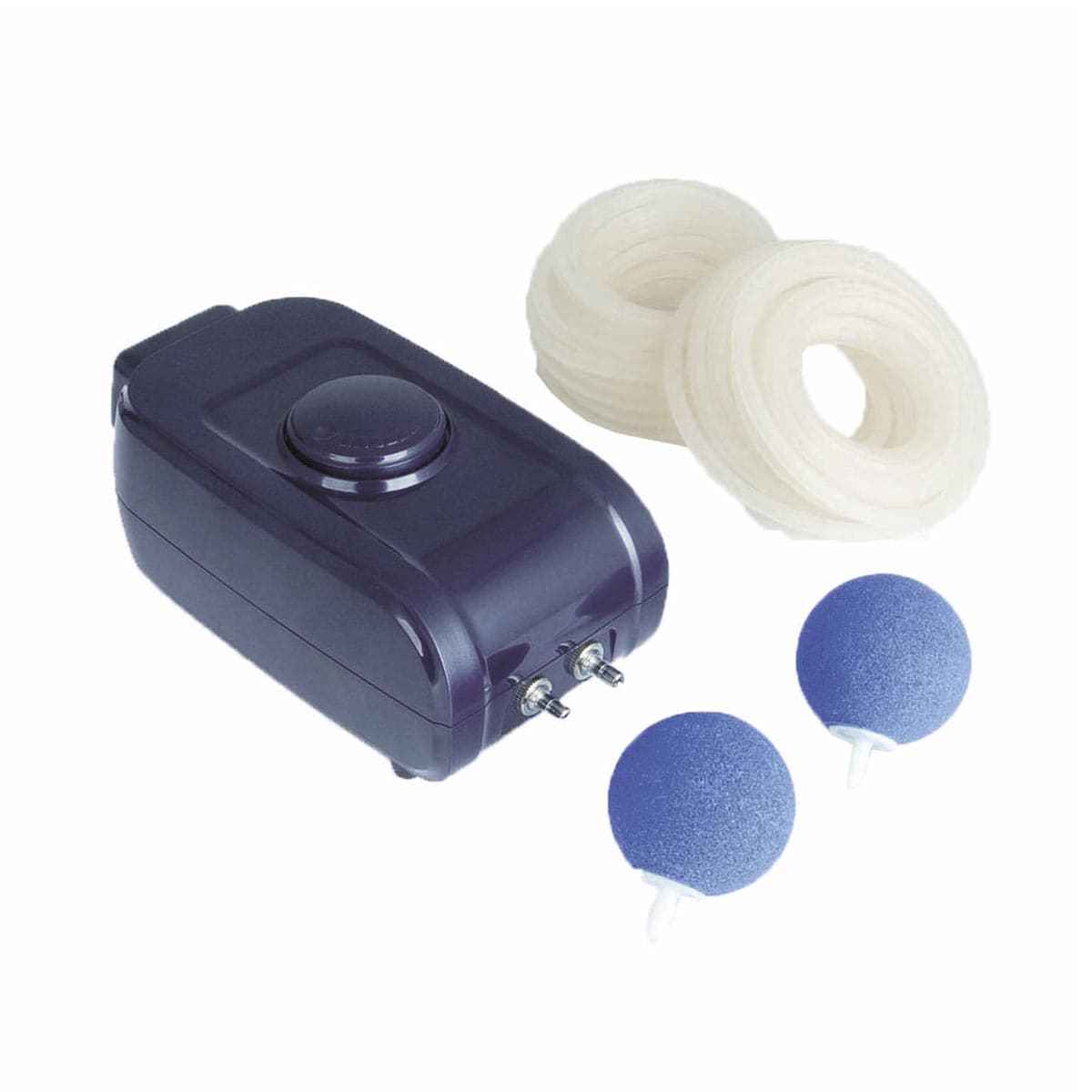 Elektrisk luftpumpe med slanger og to blå luftsten