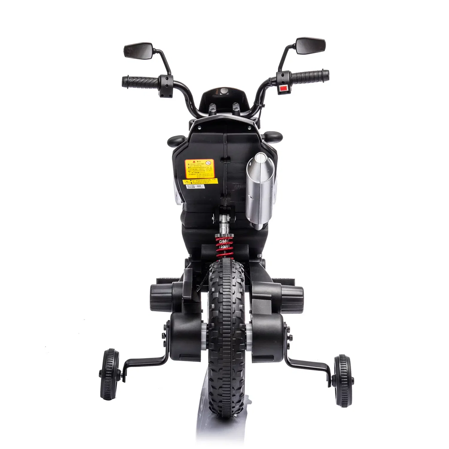 Aprilia el-motorcykel til børn – NORDIC PLAY Speed blå, 1 x 10,8V motor, aftagelige støttehjul Bagfra: Aprilia el-motorcykel NORDIC PLAY Speed i blå med aftagelige støttehjul, bagdæk, rød støddæmper, sidespejle og udstødning – licenseret børnemodel med 1 x 10,8V motor, musik/Bluetooth og forlygte
