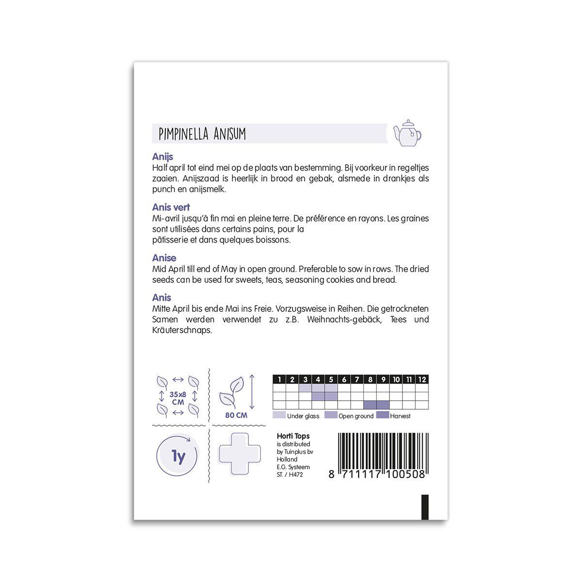 Bagside af Pimpinella anisum frøpose med dyrkningsvejledning