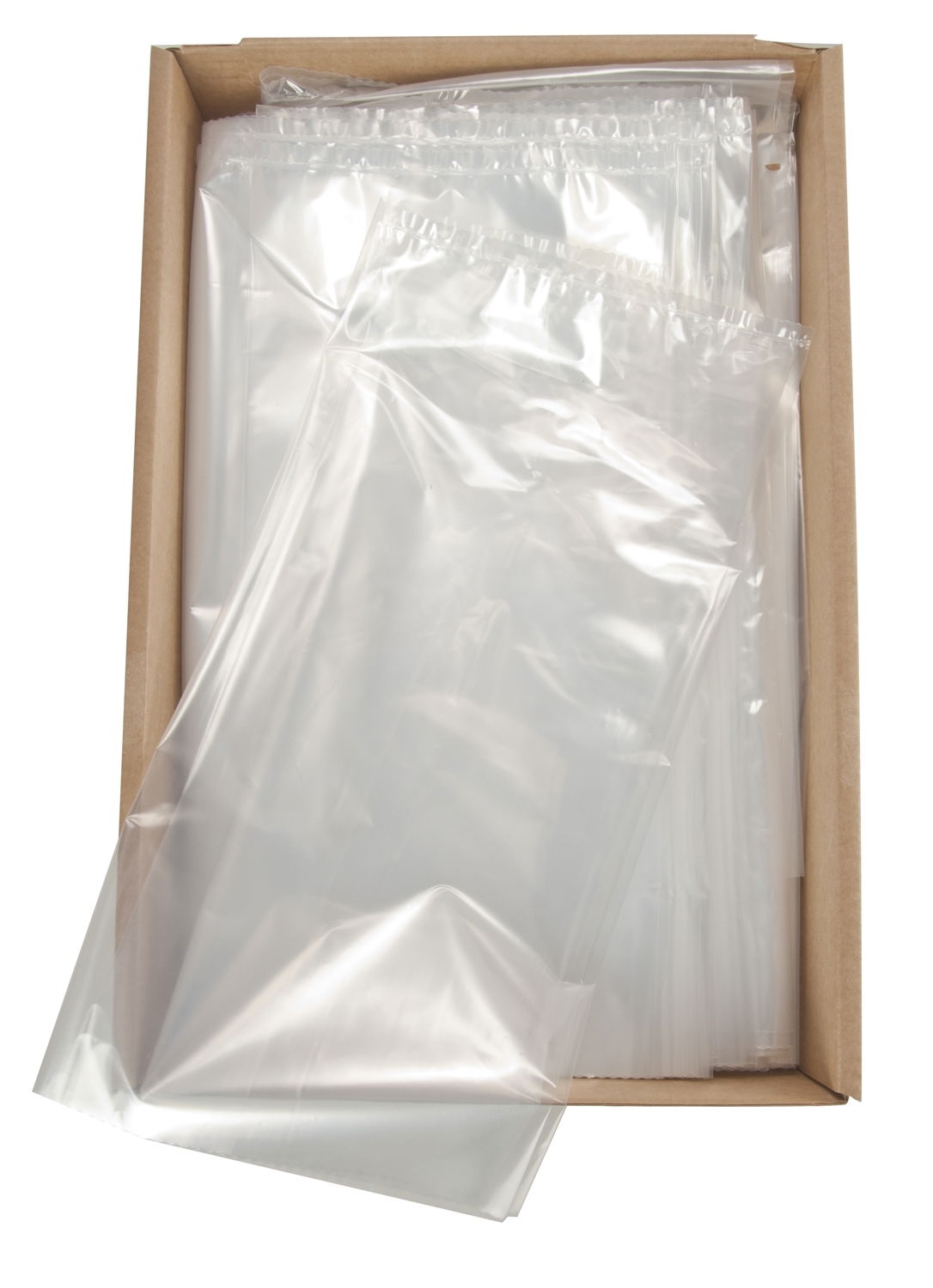 Klar plastpose uden lukning leveres i kasse