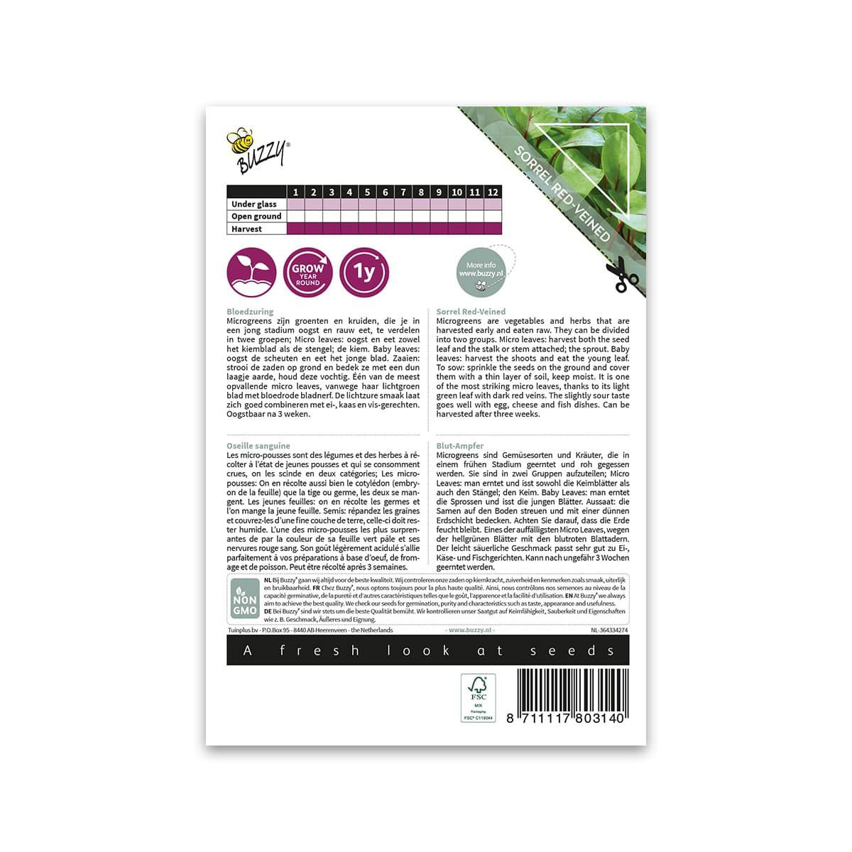 Bagside af Buzzy blodsyre microgreens frøpose