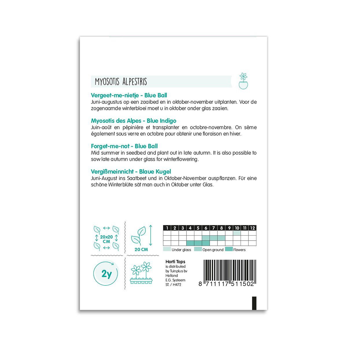 Bagside af pose med frø til blå forglemmigej