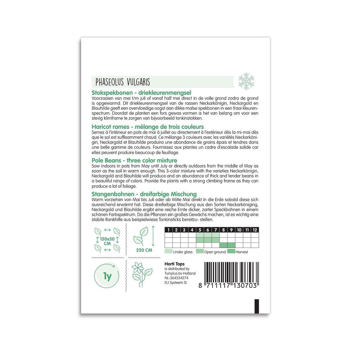 Bagside af pose med tre-farvet stangbønnefrø