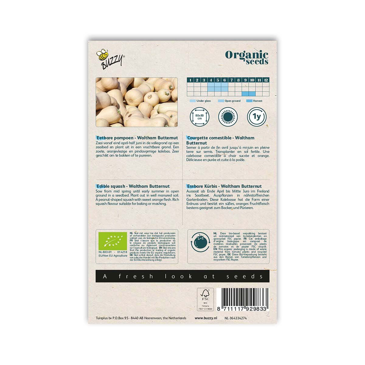 Bagside af pose med økologiske Waltham Butternut frø