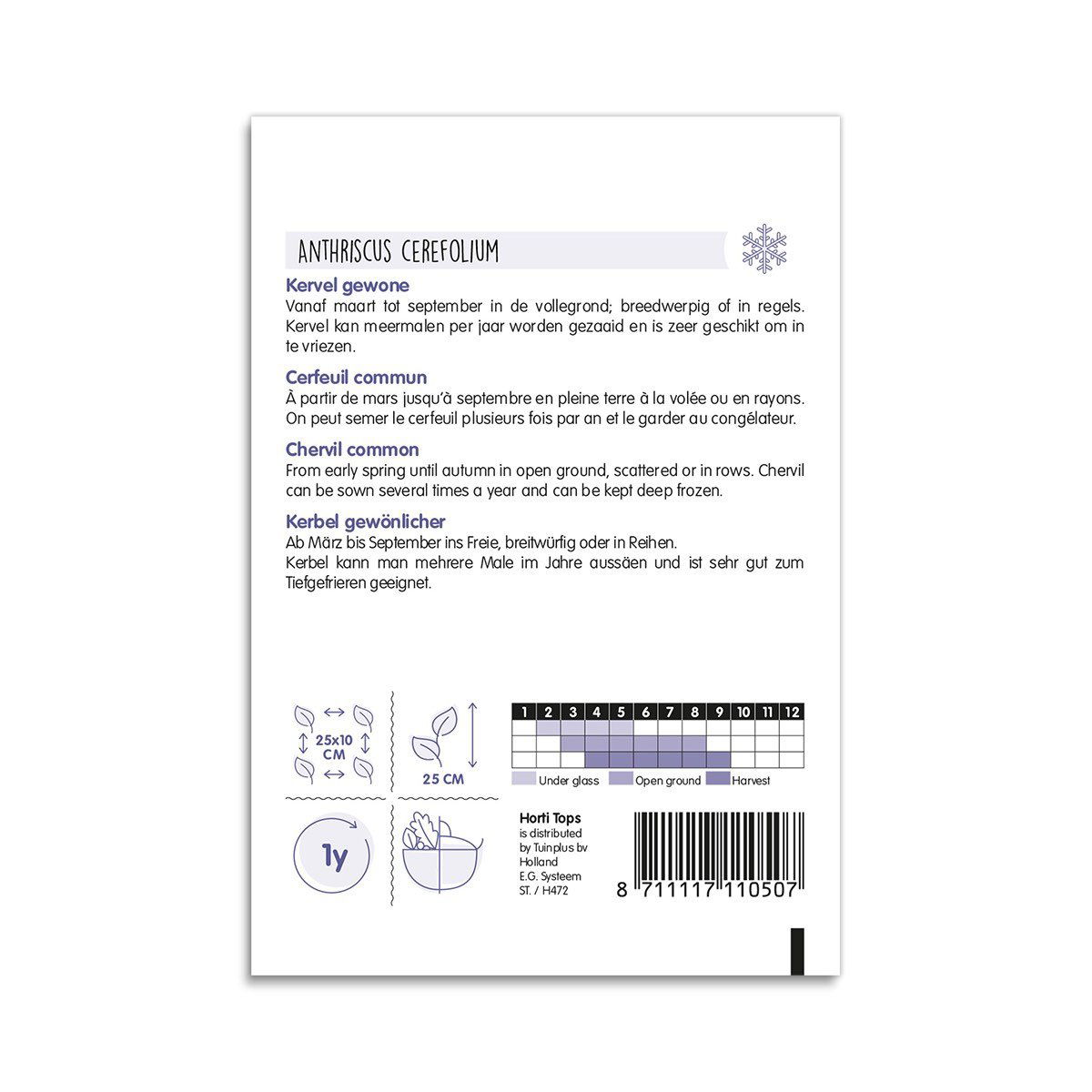 Bagside af frøpose til almindelig kørvel Anthriscus cerefoli