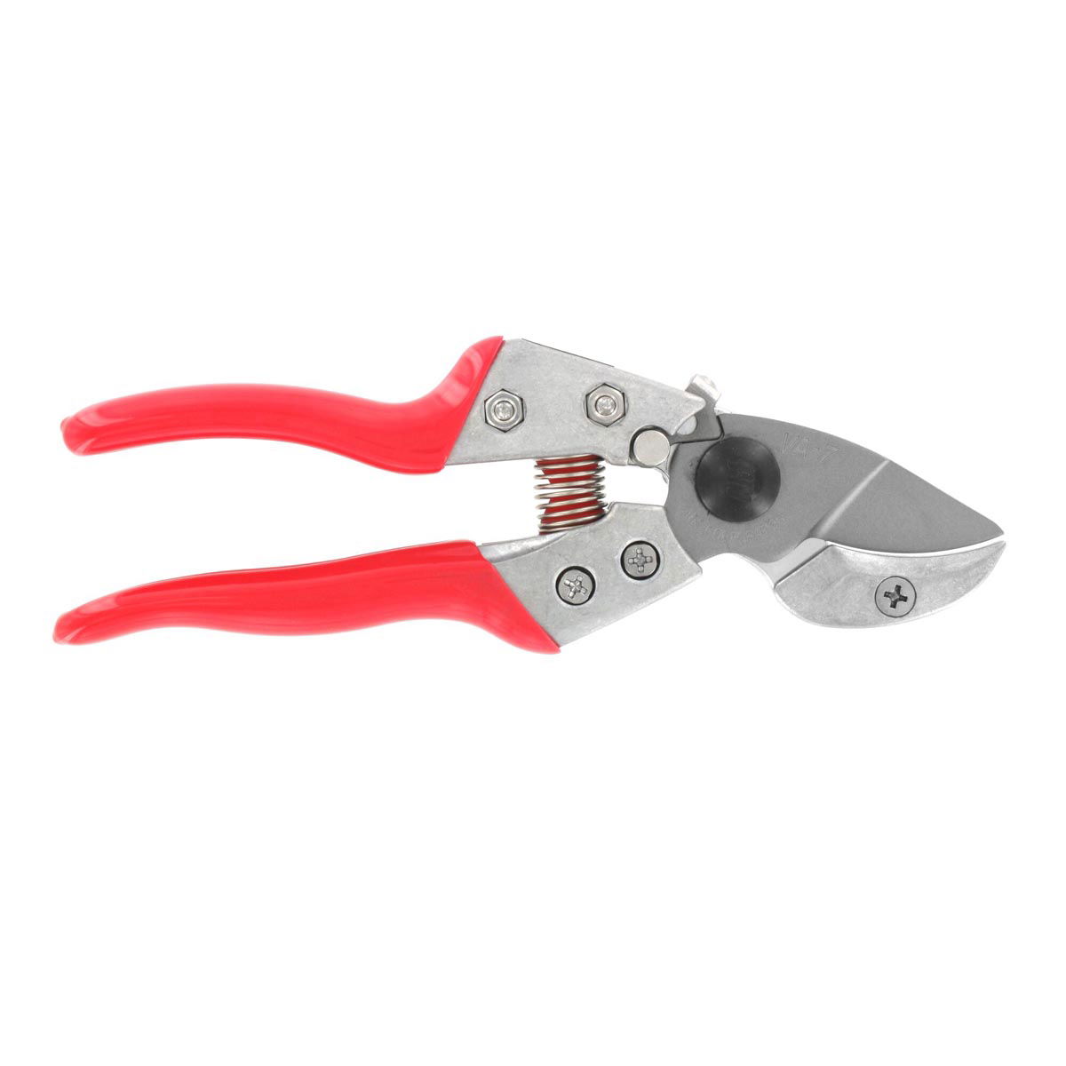 Beskæresaks i metal med røde håndtag