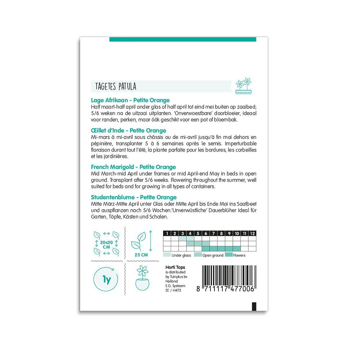 Bagside af frøpose til Tagetes patula Petite Orange